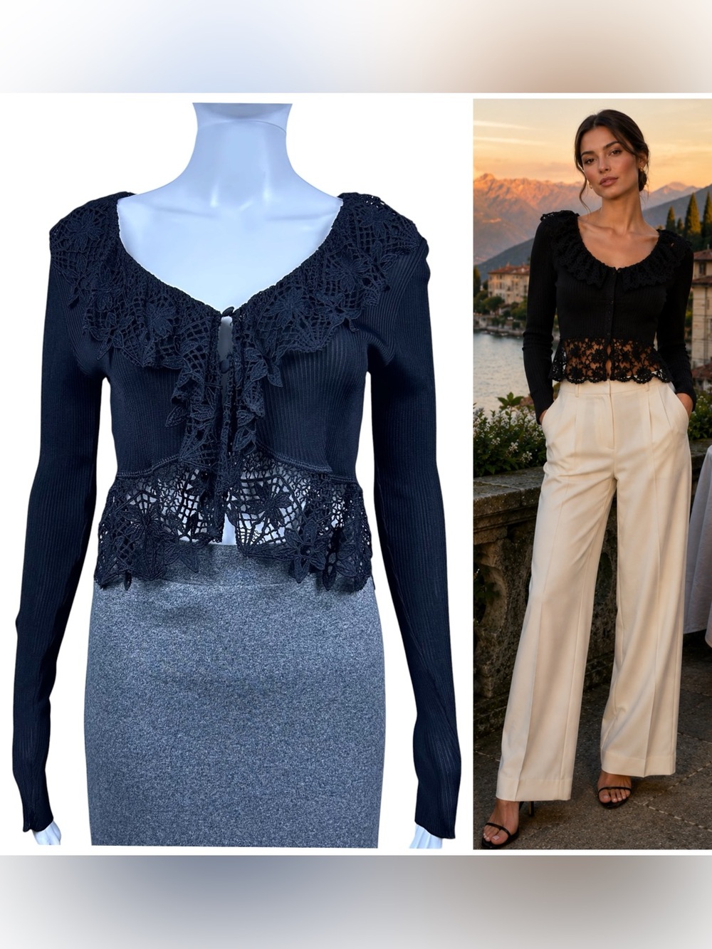 Vintage Moschino Couture Crochet Floral Lace Ribbed Cardigan 6 Y2K Romantic Goth